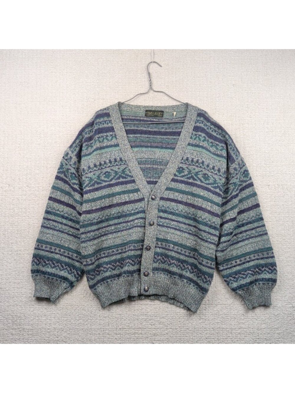 Vintage Lyle & Scott Scotland Cardigan Mens Sz L Button Front Fair Isle Nordic